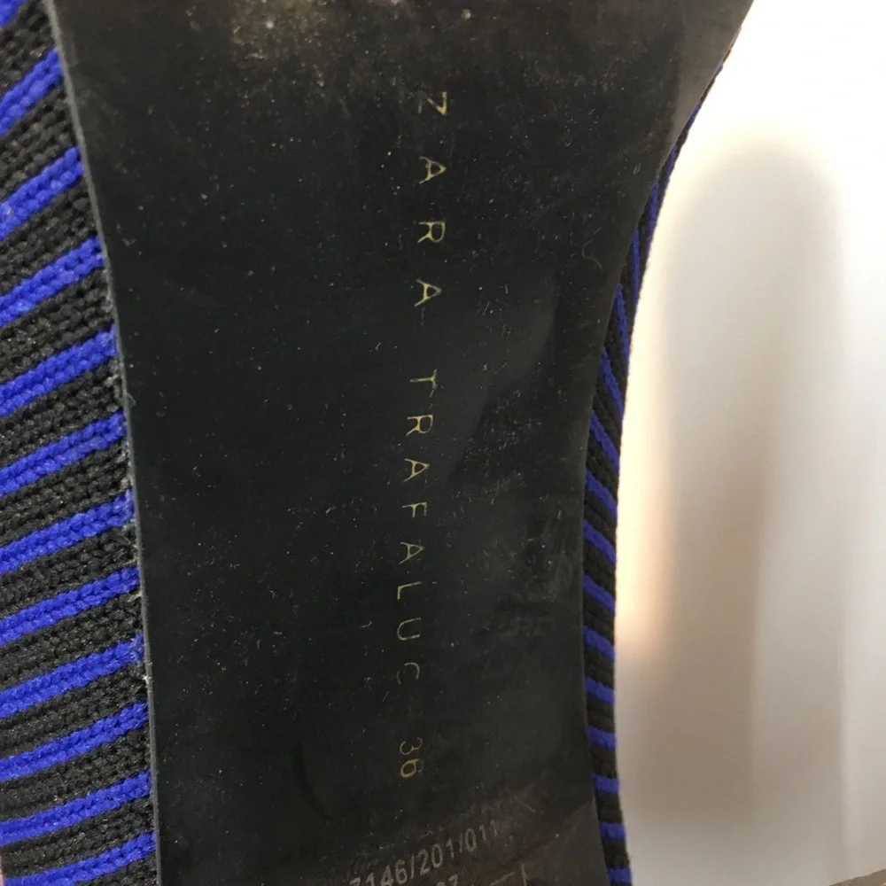 Zara Trafaluc Knit Sock Stripe Booties Block Heel EU 36 Blue Black Office - Picture 12 of 12